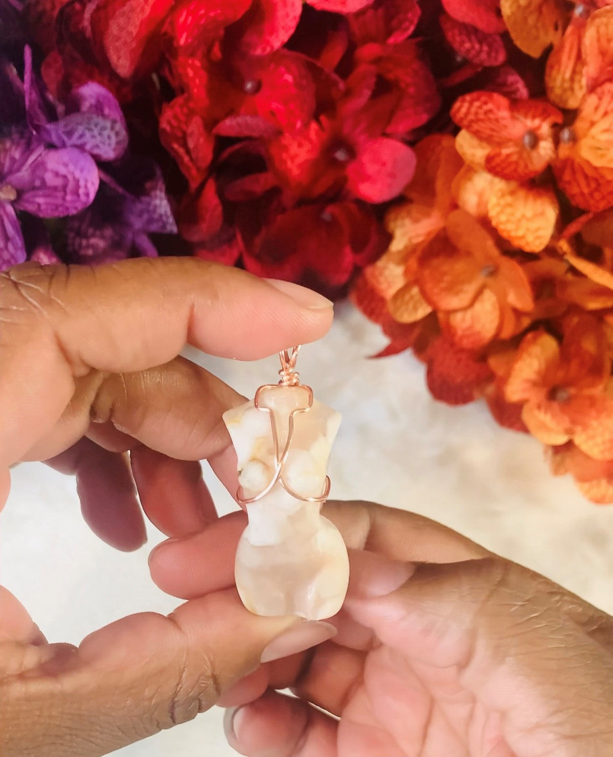 Flower Agate Goddess Body Pendant (Wire Wrapped)