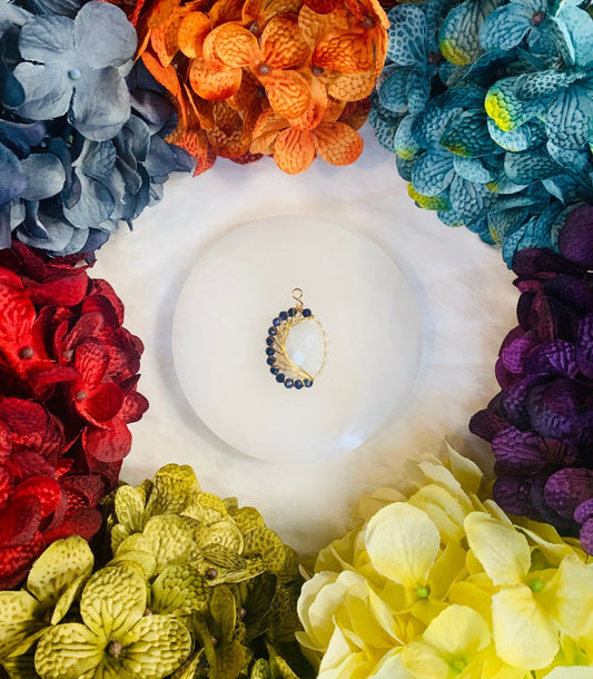 Moonstone, Sodalite, and Clear Quartz Moon Pendant