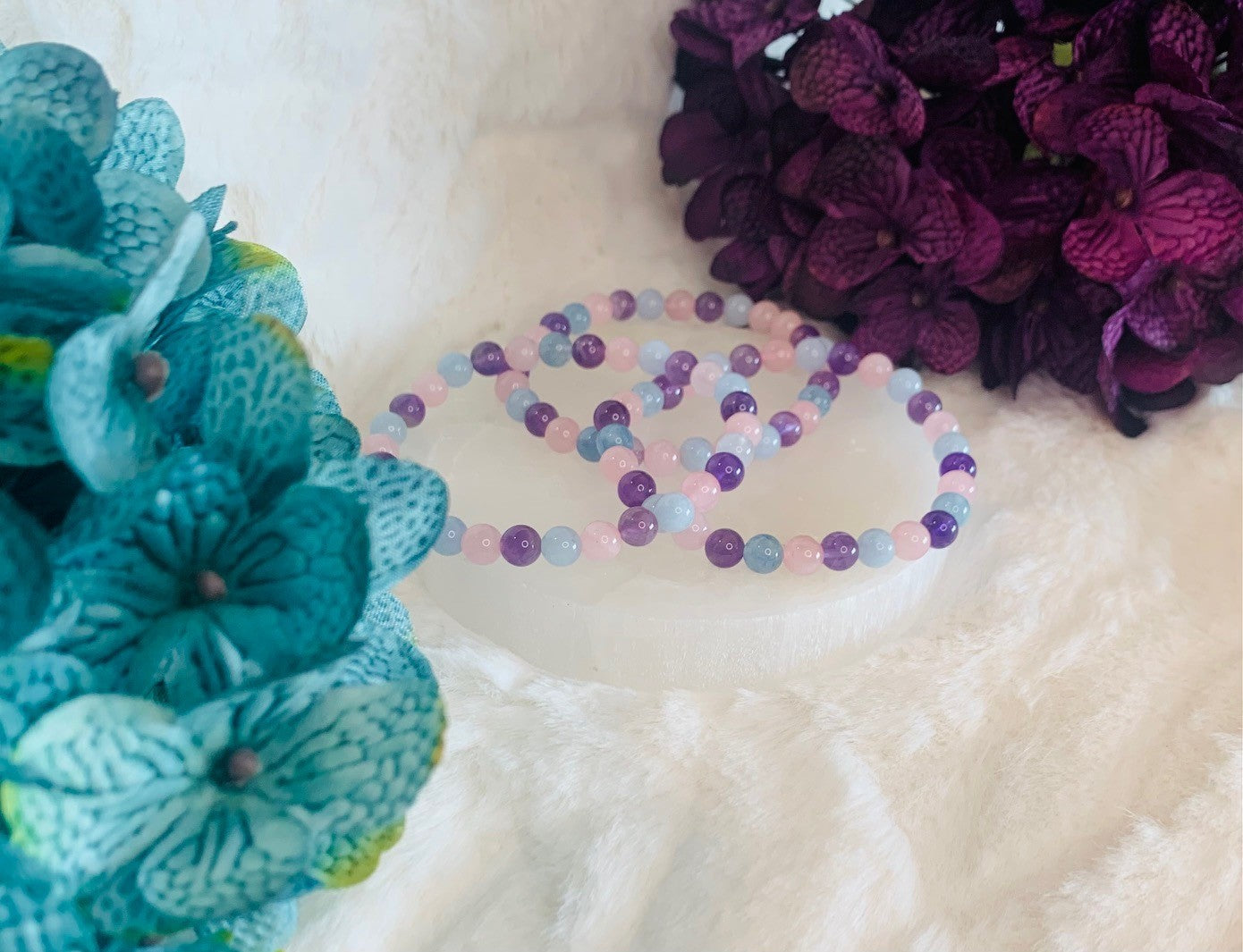 Amethyst, Aquamarine, and Rose Quartz Bracelet