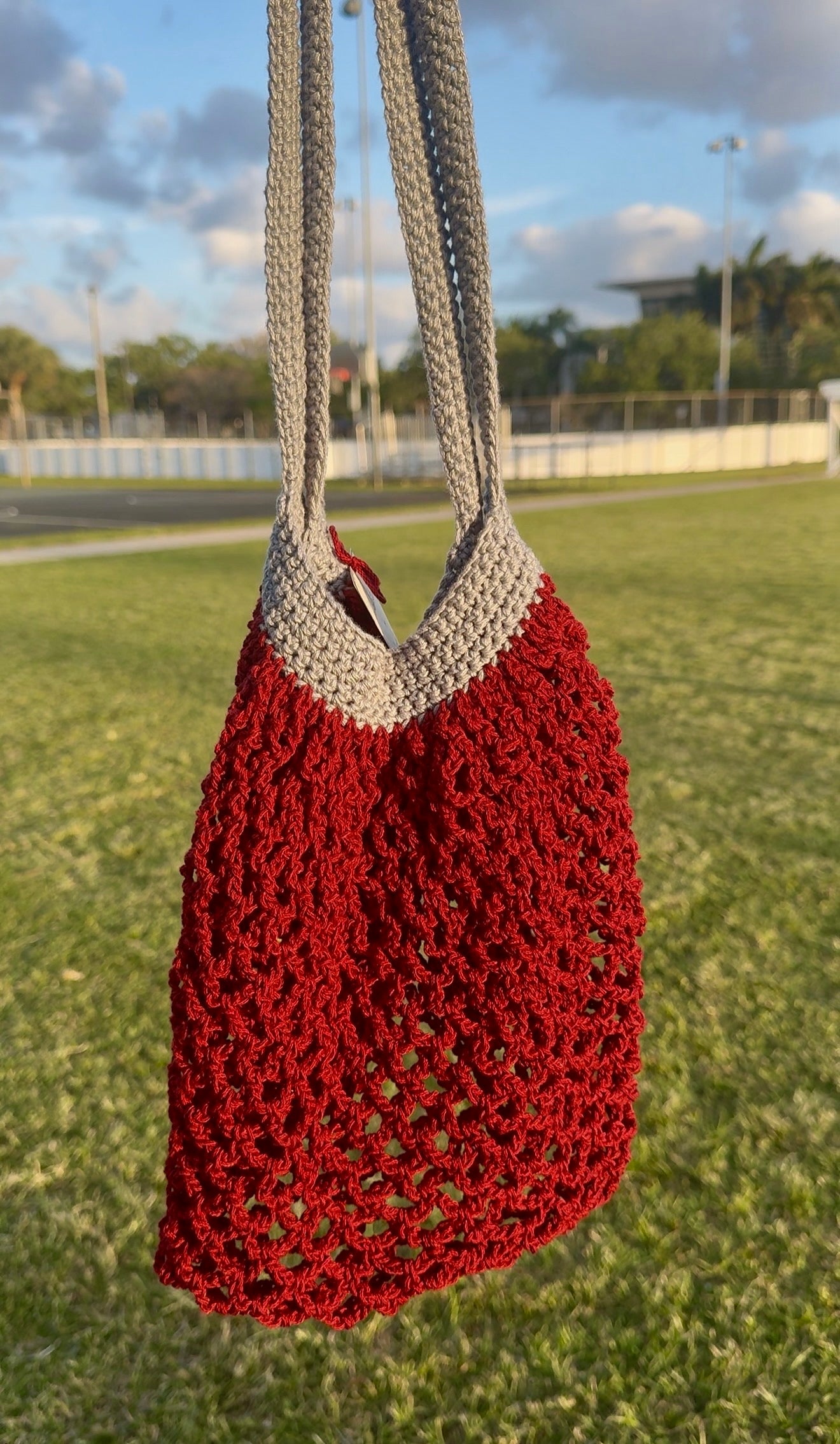 Crochet Market Bag - Burgundy & Gray