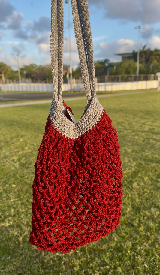 Crochet Market Bag - Burgundy & Gray